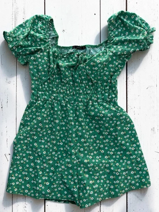 Hesperus Green Floral Romper XL Puff Sleeve Smocked Waist Cottagecore Boho - Picture 2 of 7